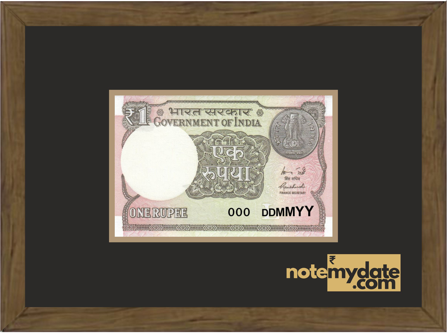 Framed Indian one rupee note with 'notemydate.com' branding